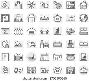 Editable thin line isolated vector icon set - home, mansion, skyscraper, houses, slum, modular house, panel, real estate, sea shipping, garage, cottage vector, pond, pool, windmill, water supply, tv