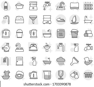Editable thin line isolated vector icon set - fragile, flippers, jet ski, windsurfing, water tap, pipes vector, kettle, measuring cup, rain cloud, pump, scraper, bucket, sponge, bath, foam basin