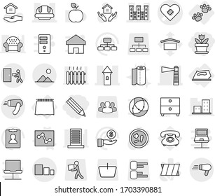 Editable thin line isolated vector icon set - pencil, flower, pacemaker vector, tower, lighthouse, palace, building helmet, courier delivery, sorting, landscape, curtain, iron, pets, analytics, home