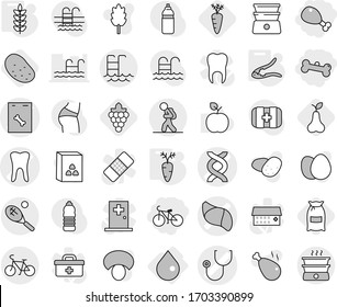 Editable thin line isolated vector icon set - chicken leg, bone, bike, dna vector, stethoscope, tooth, liver, roentgen, tourist, pool, tennis, drop, walnut crack, spikelets, carrot, flour, grape