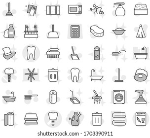 Editable Thin Line Isolated Vector Icon Set - Cleanser, Tooth Vector, Implant, Towel, Plunger, Fetlock, Mop, Scoop, Sponge, Trash Bin, Bath, Liquid Soap, Toilet Paper, Shampoo, Wiping, Clean Window