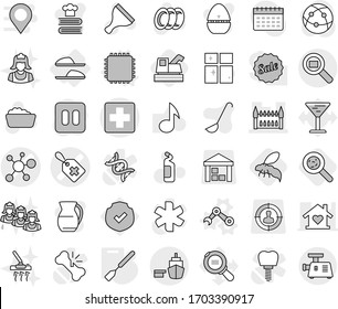 Editable thin line isolated vector icon set - medical cross vector, label, virus, gothic architecture, port, cargo search, slippers, cpu, robot hand, spatula, harvester, viruses, wasp, scraper, jug