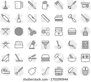 Editable thin line isolated vector icon set - tools, doctors hammer vector, repair, level, iron board, scoop, stands for knives, whisk, big fork, rolling pin, sieve, mortar, sickle, axe, plunger