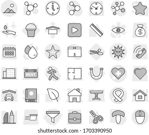 Editable thin line isolated vector icon set - funnel, heart cross vector, medical harness, virus, home, plan, starfish, landscape, bucket, mushroom, scissors, horseshoe, hand and drop, ruler, leaf
