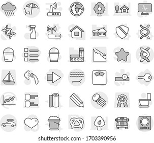 Editable thin line isolated vector icon set - right arrow, list, dna vector, mansion, house with garage, car baggage, lounger, jellyfish, key, shield, router, pretzel, rain cloud, bucket, steaming