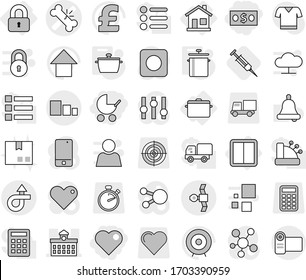 Editable thin line isolated vector icon set - money, heart, baby stroller, broken bone vector, university, trip, satellite, sorting, home, power switch, locked, pan, syringe, package, bell, target