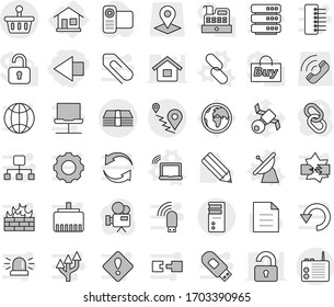 Editable thin line isolated vector icon set - left arrow, route, money, basket, home, satellite antenna vector, laptop wifi, link, pencil, document, earth, pointer, call, video camera, disconnection