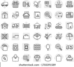 Editable thin line isolated vector icon set - gift, shopping bag, box, cargo stoller, consolidated, dry, courier delivery, package, search, transporter tape, pallet, fast deliver, conveyor vector