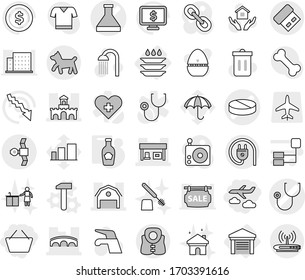 Editable thin line isolated vector icon set - basket, journey, flask vector, stethoscope, pill, barn, fort, bridge, gas station, satellite, dog, life vest, plate washing, garage, hammer, ketchup
