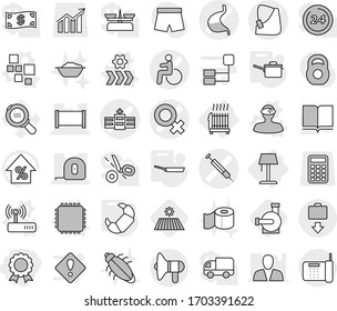Editable thin line isolated vector icon set - medal, disability vector, female sign, hospital, broken hand, stomach, syringe, fence, measuring tape, baggage get, loudspeaker, radiator, floor lamp