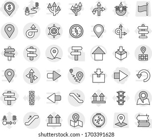 Editable thin line isolated vector icon set - dollar pin, right arrow, singlepost, trip, geo, map, route, escalator, signpost, handwheel, compass, electric magnet vector, up, traffic light, top sign