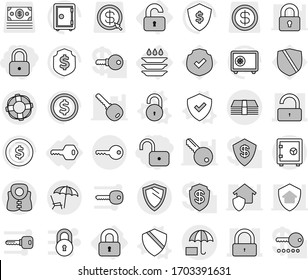 Editable thin line isolated vector icon set - lock, unlock, money, insurance, lounger, key, safe, shield, life vest, lifebuoy, locked, unlocked, plate washing, vector, dollar coin, protected, arrow