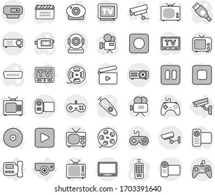 Editable thin line isolated vector icon set - surveillance, intercome, camera, tv, web vector, cd, cinema clap, film spool, gamepad, video, remote control, play button, pause, stop, rec, hdmi