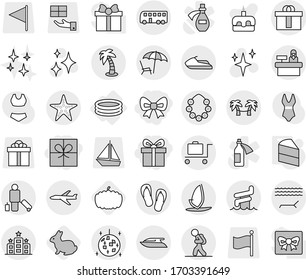 Editable thin line isolated vector icon set - gift, bow, hi quality package, plane, bus, tourist, passenger, lounger, palm, hawaiian wreath, disco ball, aquapark, starfish, baggage trolley, hotel