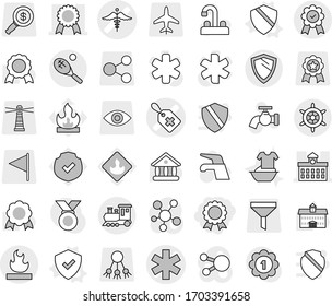 Editable thin line isolated vector icon set - medal, ambulance star vector, medical label, sign, university, flammable, train, tennis, shield, handwheel, water tap, handle washing, protected, funnel