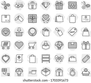 Editable thin line isolated vector icon set - gift, bow, shopping bag, box, label, sale, delivery, diamond, necklace, heart vector, health care, package, hi quality, parachute, pendant, rack, cart