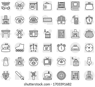 Editable thin line isolated vector icon set - bow, purse, tv, windmill, phone, service bell, wardrobe, dresser, stool, fireplace, plug vector, mobile, hand mill, cooking book, wheel, car wash, pen