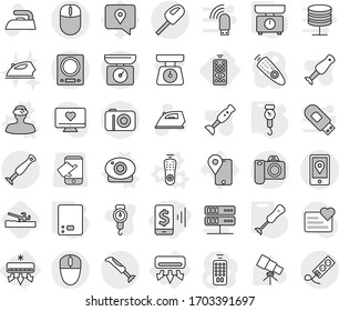 Editable thin line isolated vector icon set - mobile pay, location, air conditioning, remote control, vector, web camera, vr helmet, kitchen scales, handle, blender, soil cutter, iron, telescope