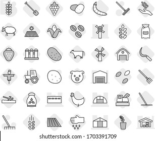 Editable thin line isolated vector icon set - bunker, windmill, greenhouse, spikelets, soil cutter, cow, coffee seeds, field, shovel, fork, rake, sickle, flour, pig, grape, harvest, corn, seedling