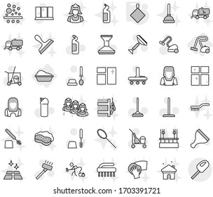 Editable thin line isolated vector icon set - washing, vacuum cleaner, filter vector, rag, scraper, trolley, mop, car fetlock, window cleaning, toilet brush, agent, shining, woman, sweeper, wiping