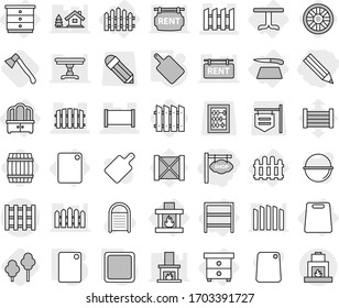 Editable thin line isolated vector icon set - pencil, shop signboard, fence, pallet, table, nightstand, chest of drawers, dresser, rack, cutting board, fireplace, trees, axe, wheel, barrel, wood box