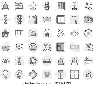Editable thin line isolated vector icon set - lighthouse, window, outdoor light, traffic, alarm, taxi, sun, disco ball, camera, bulb, power switch, floor lamp, vector, ladle, laser, siren, shining