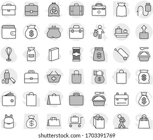 Editable thin line isolated vector icon set - purse, add to basket, shopping bag, doctor vector, dropper, tourist, passenger, suitcase, baggage checking, trolley, flour, washing powder, garbage