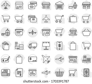 Editable thin line isolated vector icon set - cart, basket, account balance, shop, store, shopping bag, delivery, atm receipt, mall, port, consolidated cargo, plane, airplane, garage, vector, check