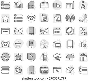 Editable thin line isolated vector icon set - add to cart, phone, calendar vector, goverment house, mobile location, sorting, checking, wireless, laptop wifi, sim card, antenna signal, no, grater