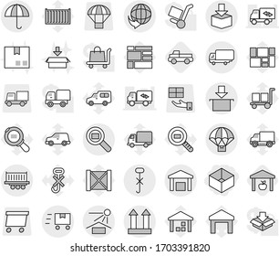 Conjunto de iconos vectoriales aislados de línea delgada editable - caja, entrega, envío de coche, carga seca, protección solar, signo superior, no gancho, almacén, paquete, búsqueda, paracaídas, entrega rápida, recogida, camión, madera