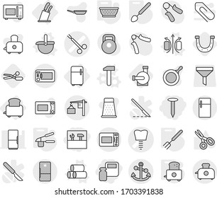 Editable thin line isolated vector icon set - scales weight, tools, nail, tooth implant vector, surgical clamp, loading, anchor, fridge, toaster, stands for knives, magnetic field, ladle, pipes, pan