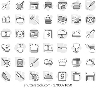 Editable thin line isolated vector icon set - receipt, shop, hot drink, cafe, restaurant, cutting board, pan, cook hat, skimmer, big spoon, chef knife, meat hammer, salt pepper, plates, fork plate