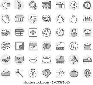 Editable thin line isolated vector icon set - market, left arrow, crutch vector, monitor pulse, leafs, barn, greenhouse, stadium, location details, first aid, flower in window, solar power, beans