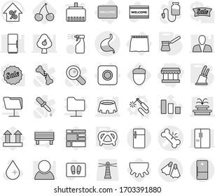 Editable thin line isolated vector icon set - market, broken bone vector, stomach, fountain, stadium, flippers, curtain, ring button, welcome mat, welding, knife holder, turk, pretzel, cherry, udder