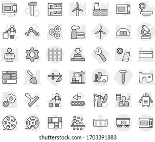 Editable thin line isolated vector icon set - nail, microscope vector, bunker, slum, hangare, modular house, factory, construction, architector, fork loader, railroad shipping, pallet, gear, filter
