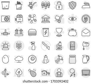 Editable thin line isolated vector icon set - spikelets vector, workman, sponge, towel, trash bin, iron, sprayer, mixer, jug, egg, pasta, chicken leg, microscope, calculator, bank, crisis, man, mail