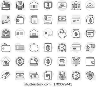 Editable thin line isolated vector icon set - hand coin, credit card, account balance, wallet, cashbox, atm receipt, building, office, bank vector, dollar, gold ingot, percent growth, money bag