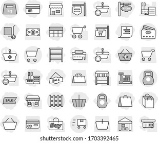 Editable thin line isolated vector icon set - basket, credit card, add to, store, market, shopping list, bag, sale, signboard, cargo stoller, mall, heavy, pallet, cart, fast deliver, rack, shop, buy