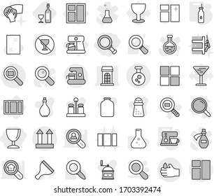 Editable thin line isolated vector icon set - magnifier, wineglass, building, window, cargo top sign, acid, chemical, search, coffee maker, vector, vegetable oil, wine, scraper, cleaning, clean, jar