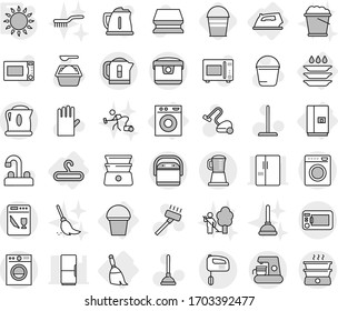 Editable thin line isolated vector icon set - hanger, iron, washing machine, fridge, broom, bucket, plate, gas oven, plunger vector, vacuum cleaner, mop, sponge, powder, rubber glove, water tap