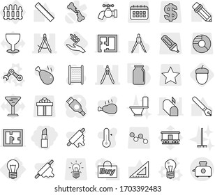 Editable thin line isolated vector icon set - lipstick, draw compass, drawing compasses, bulb, fence, vector, robot hand, bank, harvest, acorn, water tap, washboard, rake, toilet, rolling pin, pen