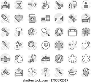 Editable thin line isolated vector icon set - doctor bag vector, ambulance star, hospital bed, school building, disabled, heart pulse, cross, thermometer, dna, magnifier, pregnancy, insemination