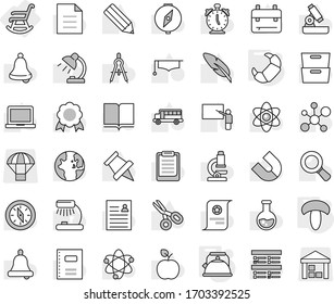 Editable thin line isolated vector icon set - rocking chair, kettle, mushroom, croissant, book vector, copybook, graduate hat, pen, pencil, blackboard, drawing compass, backpack, apple fruit, atom