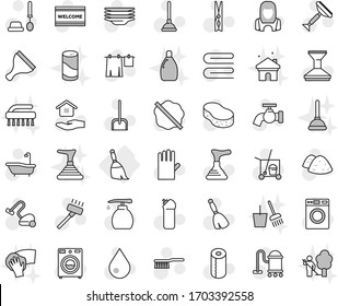 Editable thin line isolated vector icon set - broom, plunger vector, scraper, cleaner trolley, vacuum, fetlock, scoop, clothespin, sponge, towel, water drop, tap, car, splotch, welcome mat, bath