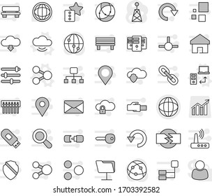 Editable thin line isolated vector icon set - globe, share vector, cloud service, data transfer, world, diagram, antenna, internet, connect, connection, network folder, shield, lock, server, hub