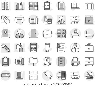Editable thin line isolated vector icon set - store, calculator, hospital recieption vector, archive, skyscrapers, client, clipboard, suitcase, hotel, table, door, printer, office phone, trash bin