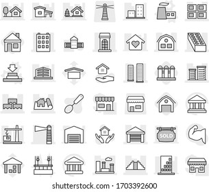 Editable thin line isolated vector icon set - project, building, skyscrapers, lighthouse, garage, panel house, block wall, brick, district, pyramid, city, factory vector, press, barn, grain elevator