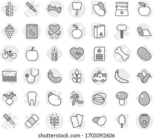 Editable thin line isolated vector icon set - bone, bike, stethoscope vector, ambulance car, apple, tooth implant, spikelets, health care, roentgen, cereals, beans, lemon, grape, corn, eggplant, egg