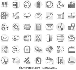 Editable thin line isolated vector icon set - mobile pay, mail, satellite, loudspeaker, remote control, intercome, share vector, antenna, data transfer, wireless, signal, gears, phone, clipboard