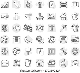 Editable thin line isolated vector icon set - delivery, virus vector, stomach, column, gothic architecture, protected, fast deliver, rolling pin, food processor, fork spoon plate, ketchup, harvester